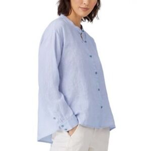 Eileen Fisher‎ Organic Handkerchief Linen Mandarin Collar Button Shirt Blue S